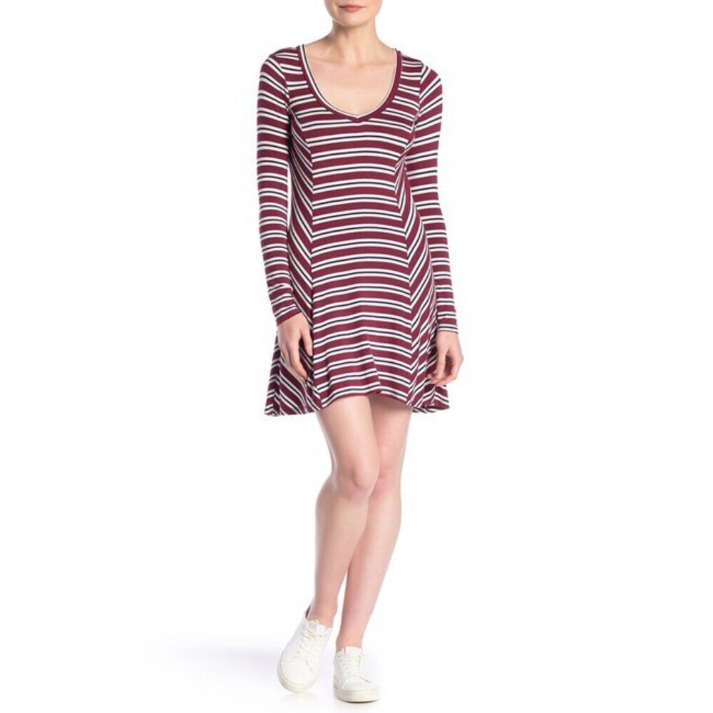 Love, Fire Women's Striped V-Neck Swing Dress Red Stripe Size L